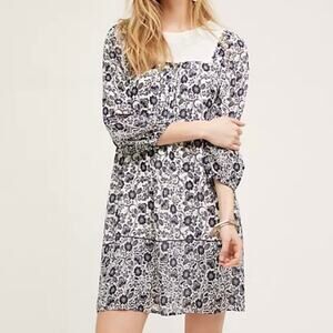 ONE SEPTEMBER x ANTHROPOLOGIE | Coquille Peasant Dress White Navy | Size Large